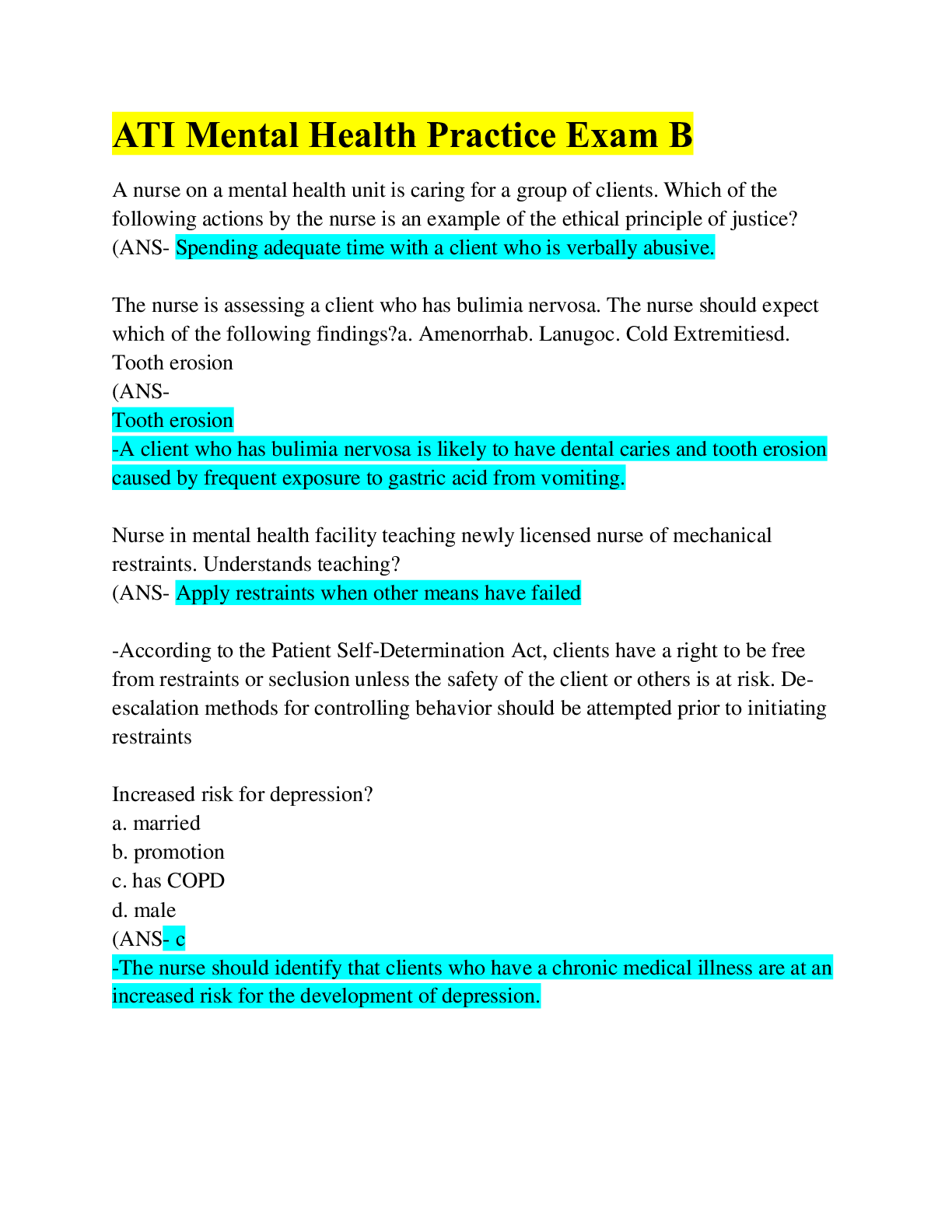 ATI Mental Health Practice Exam B/ Latest 2022 Solution